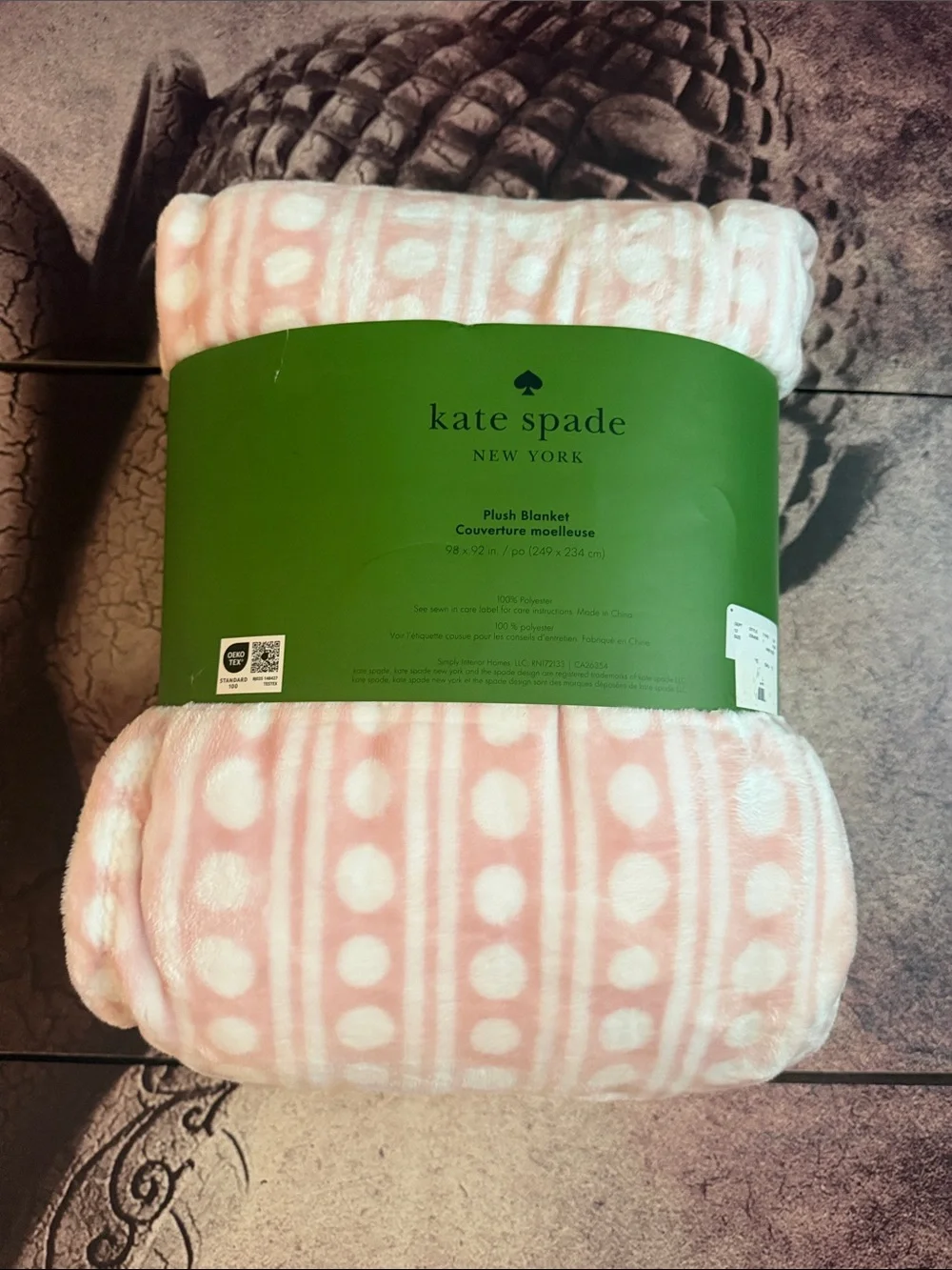 kate spade New York Pink and White Polka Stripe Plush Blanket